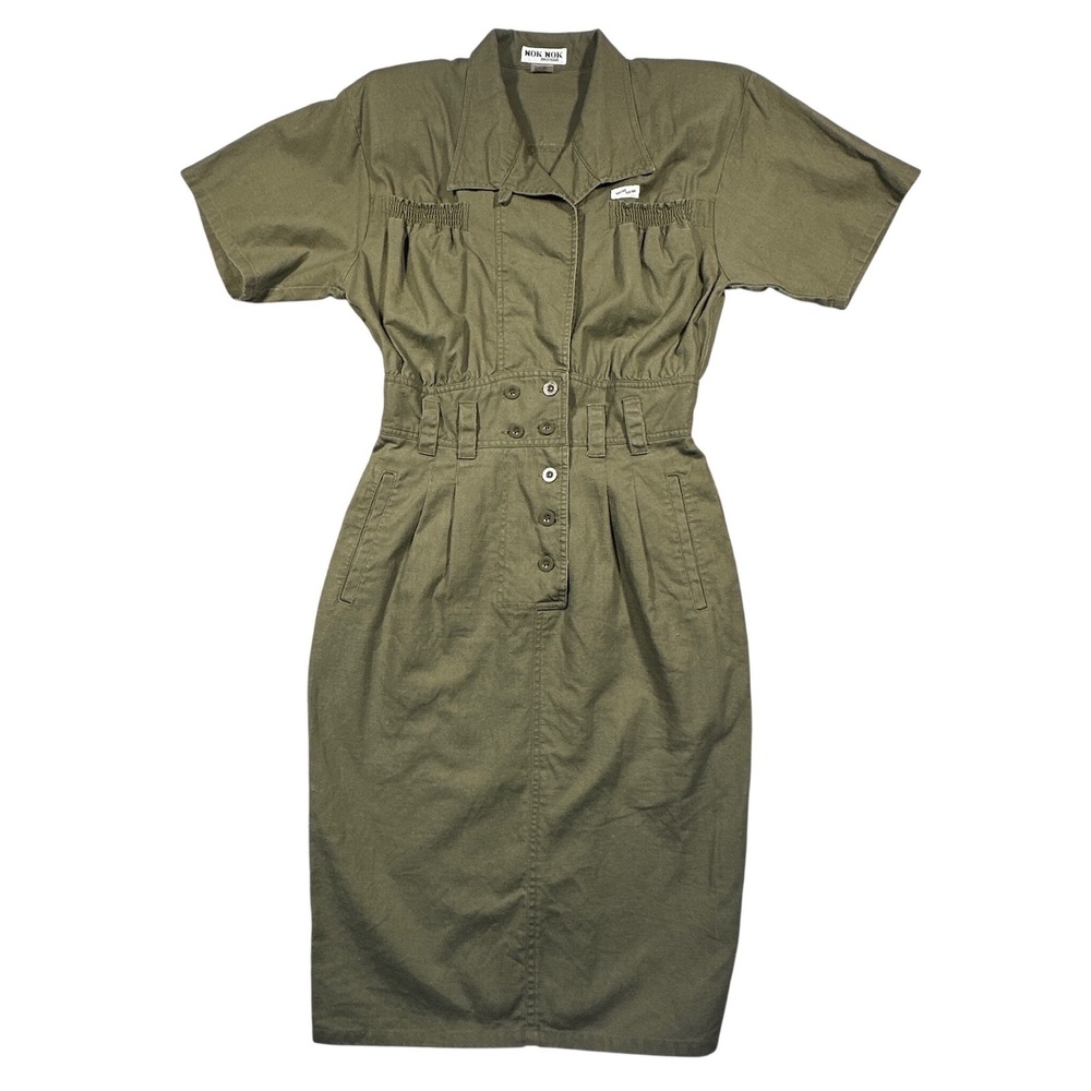 Vintage Nok Nok Dress Womens M Army Green Military Inspired Ramie Cotton Midi